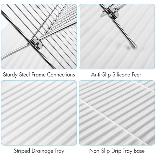 Foldable Dish Drying Rack with Drip Tray, Stainless Steel 2 Tier Dish Drainer Rack, Collapsible Dish Drainer, Folding Dish Rack for Kitchen Sink, Countertop, Cutlery, Plates, Dishes