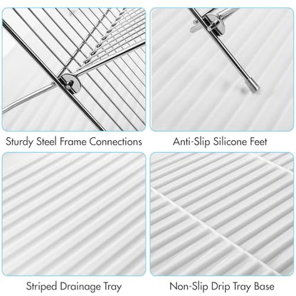 Foldable Dish Drying Rack with Drip Tray, Stainless Steel 2 Tier Dish Drainer Rack, Collapsible Dish Drainer, Folding Dish Rack for Kitchen Sink, Countertop, Cutlery, Plates, Dishes