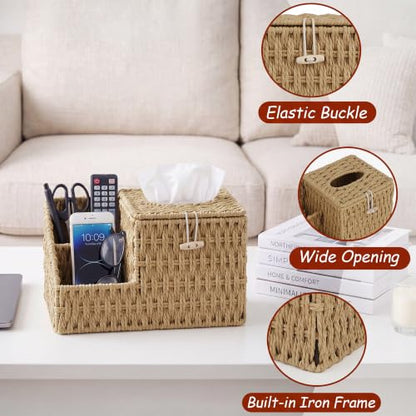 Tissue Box Cover with Storage, Wicker Paper Rope Square Tissue Box Holder | Tissue Remote Control Holder,Handwoven Decorative Cube Tissue Box Organizer for Bedroom Nightstand End Table,Natural