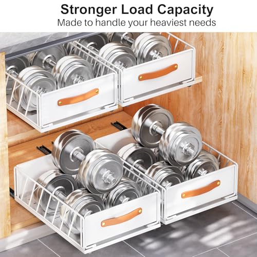 Pull out Cabinet Organizer,Heavy Duty Slide out Pantry Shelves Drawer Storage with Adhesive Nano Film,Sliding Mesh Cabinet Basket with Handle for Kitchen, Bathroom, Home, 11.8W" X 15.7"D X 6.2"H,White