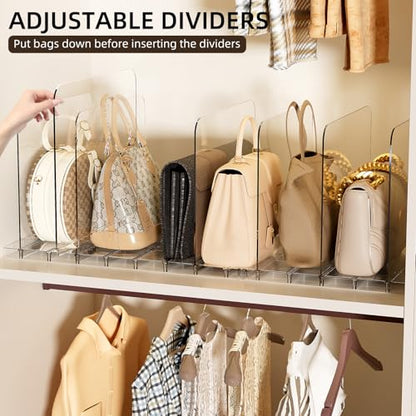 JOYZAN Stackable Purse Organizer for Closet, Adjustable Shelf Dividers for Closet Organizer Clear Acrylic Closet Purse Organizer Detachable Handbag Storage Separator Dividers for Home, Office - 4 Pack