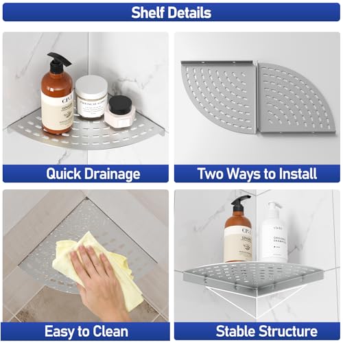 2 Pack Corner Shower Shelves 304 Stainless Steel Shower Corner Shelf Brushed Nickel Bathroom 8 in Prevent Rust Drilling Installation