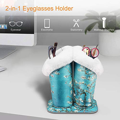 FINTIE Plush Lined Double Eyeglasses Holder with Magnetic Base for Desk | Soft Plush Lining, Glasses Stand Case For Nightstand / Bedside, Office Desktop Organizer, Small Item Storage