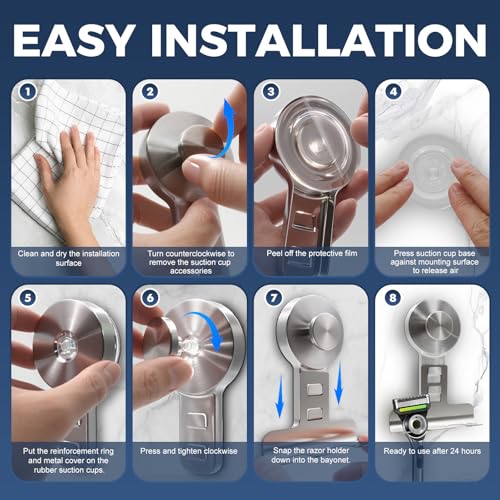 Suction Cup Razor Holder for Shower Wall 2 Pack,Heavy-Duty 15lbs Suction Hooks for Razor,Towel,Phone,Loofah, Removable Damage-Free Metal Shower Hook,Shaver Holder(Silver)