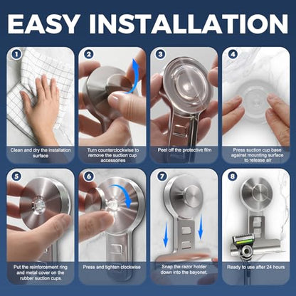Suction Cup Razor Holder for Shower Wall 2 Pack,Heavy-Duty 15lbs Suction Hooks for Razor,Towel,Phone,Loofah, Removable Damage-Free Metal Shower Hook,Shaver Holder(Silver)