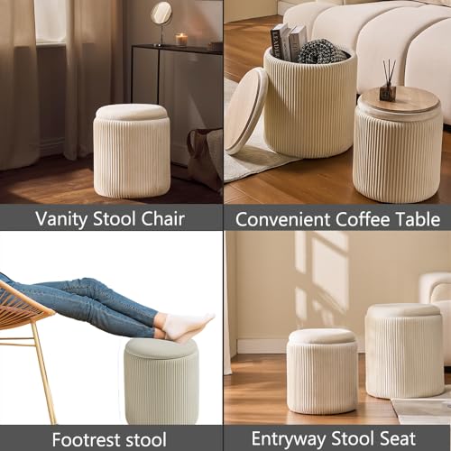 Set of 2 Round Storage Ottoman, White Velvet Ottoman with Storage | Upholstered Padded Vanity Stool, Multifunctional Coffee Table & Foot Rest for Bedroom, Living room with Hidden Storage Space
