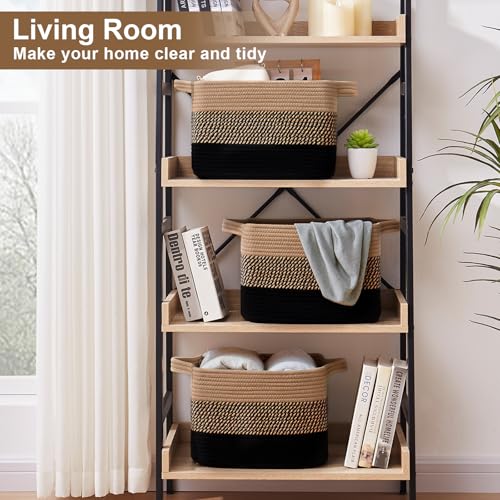OIASKET Storage Basket for Organizing, Woven Baskets for Storage, Rectangle Decorative Baskets for Shleves, Closet, Toys, Books, Nursery Organizer Bins - Pack of 3 (Black & Brown, 13"x9.85"x8.7")