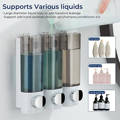 Shampoo and Conditioner Dispenser | Shower Soap Dispenser 3 Chamber No Drill, Wall Mounted Shampoo Body Wash Conditioner for Bathroom Large Capacity