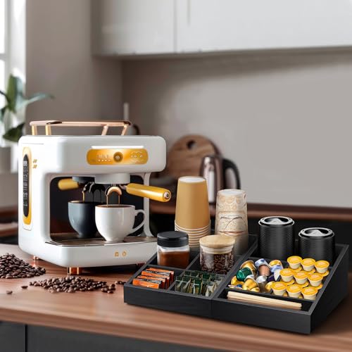 MINCORD Coffee Station Organizer for Counter | Wood Coffee Condiment Service Tray with 9 Compartment | Two-in-One Coffee Bar Supplies Organizer for Home Office Breakroom