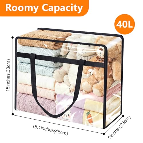 4 Pack Clear Clothes Storage Bags, 40L Vinyl Blanket Storage Containers with Heavy Duty Zipper, Foldable Moving Bags, Closet Organizers for Bedding, Clothing, Comforters, Linens, Duvet