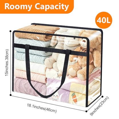 4 Pack Clear Clothes Storage Bags, 40L Vinyl Blanket Storage Containers with Heavy Duty Zipper, Foldable Moving Bags, Closet Organizers for Bedding, Clothing, Comforters, Linens, Duvet