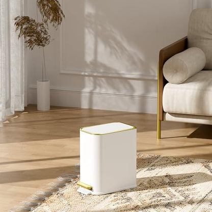 TIPGO Small Bathroom Trash Can with Lid Soft Close, Step Pedal, 5 Liter / 1.3 Gallon Stainless Steel Trash Bin, Slim Garbage Cans for Toilet, Office, Bedroom (White)