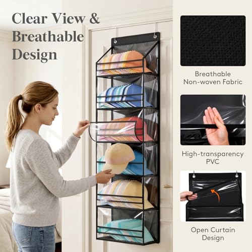Lifewit 6 Tier Clear Over the Door Hat Rack, Baseball Caps Organizer, Black | Holds up to 84 Hats, Hanging Cap Storage Shelf with Dust Cover, Large Organizer with 2 Adjustable Hooks for Bedroom, Closet