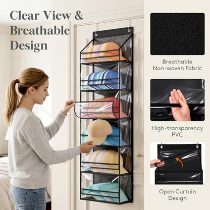 Lifewit 6 Tier Clear Over the Door Hat Rack, Baseball Caps Organizer, Black | Holds up to 84 Hats, Hanging Cap Storage Shelf with Dust Cover, Large Organizer with 2 Adjustable Hooks for Bedroom, Closet