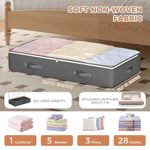 Under Bed Storage Containers, Storage Bins with Clear Lids | 4 Pack foldable organizers for clothes, blankets, shoes, bed sheets, comforter, wrapping paper, dorm storage