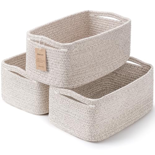 3 Pack Small Storage Baskets for Organizing, 11.8×7.8×5.1", Mixed Brown | Woven Baskets for shelves, Cotton Rope Basket for Gifts Empty, Closet Organizer Bins with Handles, Cube Decorative Box