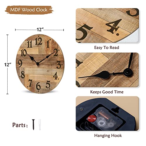 NIKKY HOME Rustic Small Wall Clock, 12 Inch Wooden Clocks Battery Operated | Farmhouse Brown Wood MDF Silent Non Ticking Decorative Country Cabin Clock for Kitchen, Living Room, Bedroom, Bathroom