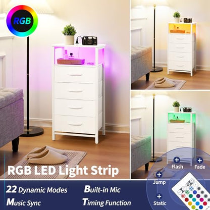 Yoobure Night Stand - LED White Nightstand with Charging Station for Dorm | Bedside Table with 4 Storage Drawers and Storage Shelf, End Table with USB Ports and Outlets, Tall Nightstand for Bedroom