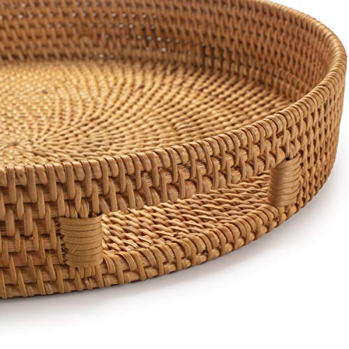 Coffee Table Tray Round Rattan Ottoman Tray Woven Serving Trays with Handles for Home and Kitchen Decorative Natural (Large 14 inch x 2.4 inch)
