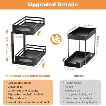 Under Sink Organizer, 2 Tier Under Sink Organizers and Storage, Adjustable Height, Slide out Metal Cabinet Organizers, Pull out Cabinet Storage Drawer Shelf for Kitchen Bathroom (Black, 2)