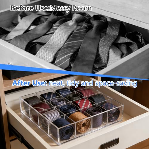 2 Pack Tie Box Organizer Wall Mounted Tie Rack Clear Acrylic with 16 Compartments, Tie Holder for Drawer Tie Organizer for Men Belt Scarf Necktie Storage for Closet and Home