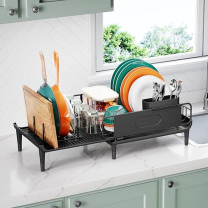 Urackify Expandable Dish Drying Rack with Drainboard for Kitchen Counter | Expands from 16.9 to 26.6 inches to fit more dishes, plates with fast drainage and flexible placement for any sink