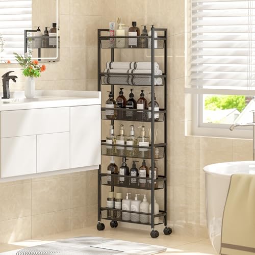 ThreeHio 6 Tier Slim Storage Cart, Narrow Cart with Wheels, Metal Mobile Shelving Unit Organizer for Kitchen, Bathroom, Laundry Room, Living Room & Narrow Spaces, Black, 6in(W)