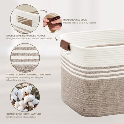 72L Large Woven Laundry Basket Hamper with Leather Handles,Brown | collapsible wicker hamper, storage for dirty clothes, toys, blankets, gifts, living room, bedroom, bathroom, 22"x17"x12"