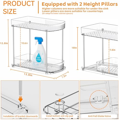 2 Pack Large Pull Out Bathroom Organizers and Storage,2 Tier 12.8″ Tall Sliding Kitchen Under Sink Organizer for Cleaning Products Storage,Acrylic Clear Bathroom inder Sink Organizer,Undersink Storage