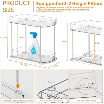 2 Pack Large Pull Out Bathroom Organizers and Storage,2 Tier 12.8″ Tall Sliding Kitchen Under Sink Organizer for Cleaning Products Storage,Acrylic Clear Bathroom inder Sink Organizer,Undersink Storage