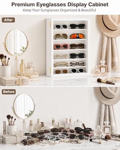 TJ.MOREE Sunglass Organizer Wall Mounted Glasses Holder Display Case 6 Tier | 13 x 15.6 inches Wooden Storage Box for Multiple Pairs Eyeglasses Sports Sunglasses