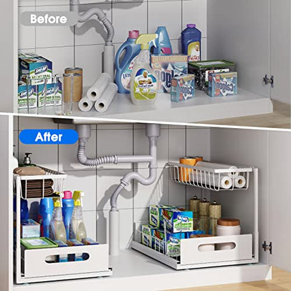 Under Sink Organizer, 2 Tier Pull-Out Cabinet Storage Shelf, Rust-Resistant Metal Organizer for Kitchen Bathroom Laundry Room, No Tools Installation, 1 Pack White