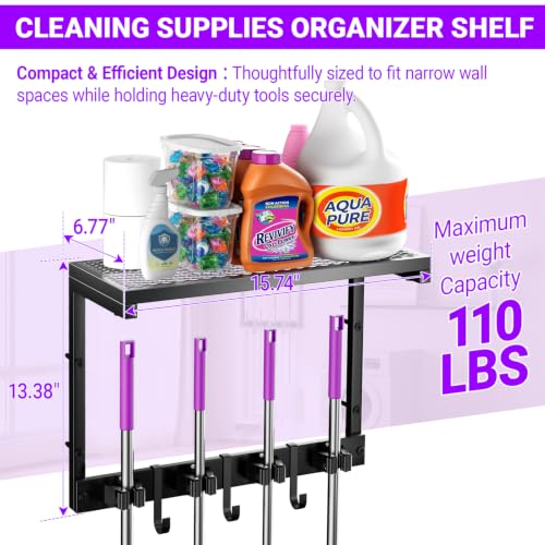 Heavy Duty Broom Holder Wall Mount, All-Metal Mop Rack with Storage Shelves | Space-Saving Cleaning Supply Organizer with Hooks Keeps Mops, Brooms and Tools Handy in Laundry Rooms, Garages and Kitchens