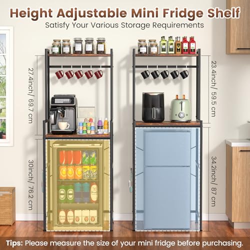 Housolution 2-Tier Mini Fridge Stand with Storage, Black+Brown | Adjustable Height Shelves, 8 Hooks, Easy Assembly, Heavy-Duty Microwave Stand for Office Dorm & Apartment