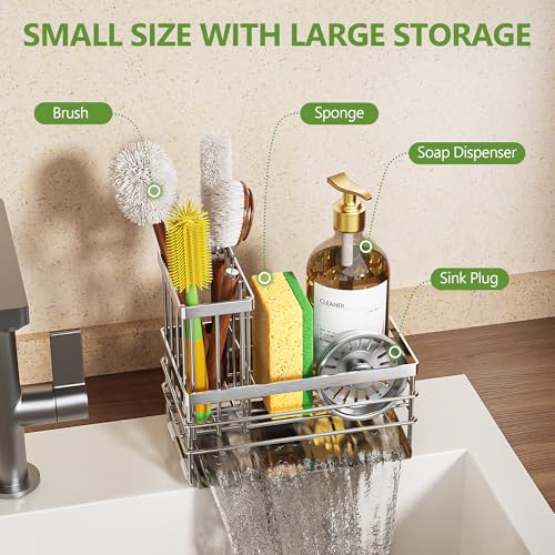 Sink Caddy Sponge Holder for Kitchen with Brush Holder and Stainless Steel Self Drain Tray, Rustproof Kitchen Sink Organizer for Sponge, Soap Dispenser Storage Accessories