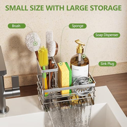 Sink Caddy Sponge Holder for Kitchen with Brush Holder and Stainless Steel Self Drain Tray, Rustproof Kitchen Sink Organizer for Sponge, Soap Dispenser Storage Accessories