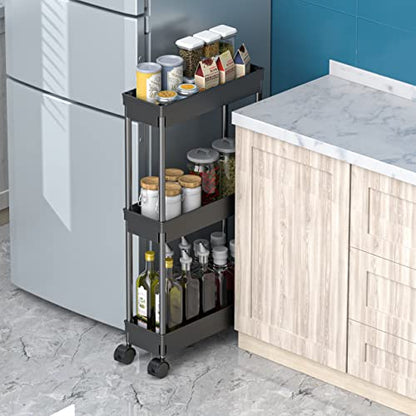Sooyee 3 Tier Rolling Cart with Wheels, Black | Slim Storage Cart, Narrow Storage Cabinet, Under Desk Storage, For Office Bathroom Kitchen Laundry Room