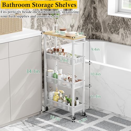 Slim Laundry Room Organization Cart with Upgraded Metal Hub Casters | Fits between washer & dryer, 4-Tier space-saving narrow rolling cart, Premium wood top & metal mesh shelf, with handle & hook