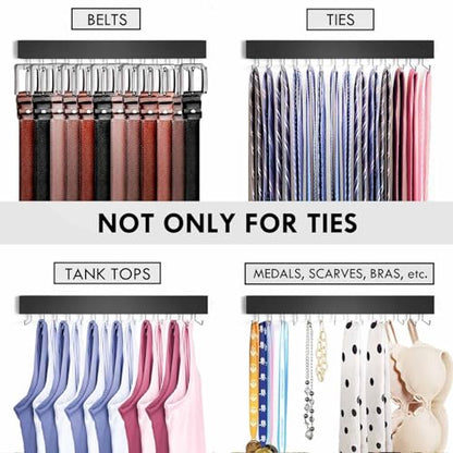 2-Pack Tie Rack Wall Mounted, Belt Hanger, Tie Organizer for Closet | Wooden Tie and Belt Organizer, 28 Folding Hooks, Space Saving Tie Holder, Durable Belt Rack for Closet Wall Mount, Black