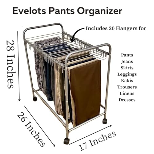Evelots Rolling Pants Rack with 20 Hangers, Jean and Skirt Closet Organizer | Rolling pants rack includes 20 hangers to organize jeans, skirts and trousers while maximizing closet space and easier access