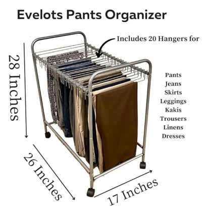 Evelots Rolling Pants Rack with 20 Hangers, Jean and Skirt Closet Organizer | Rolling pants rack includes 20 hangers to organize jeans, skirts and trousers while maximizing closet space and easier access