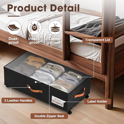 Eastherry Under Bed Storage Containers with Wheels, 9.5 inches Higher Underbed Shoes Blankets Clothes Toy Storage Drawers for College Dorms Bedrooms Nursery Rooms Organization, 2 Pack to be Assembled