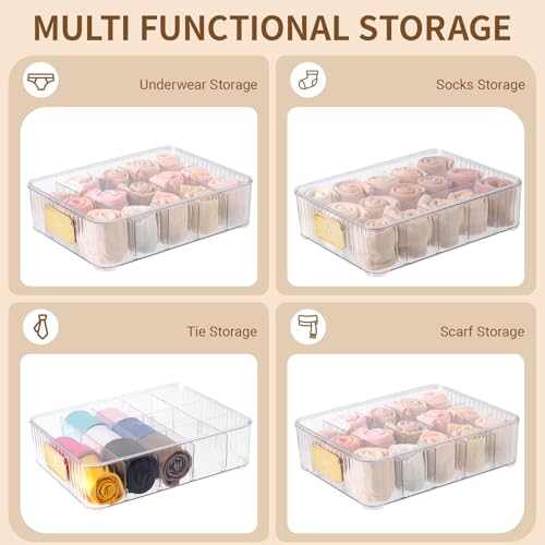 Sock Organizer for Drawer, 15 Compartments Detachable Plastic Underwear Drawer Organizer with Lid for Closet, Compartment Storage Ideal for Socks, Bras, Ties, and Scarves (Sock)