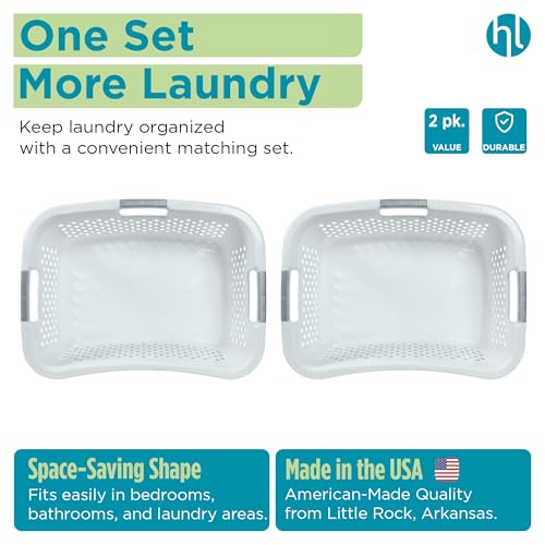 Home Logic 1.5 Bushel Plastic Laundry Basket Front Load, Large Laundry Hamper with Handles, Ventilated Clothes Organizer for Bedroom Bathroom Closet, 2 Pack, White