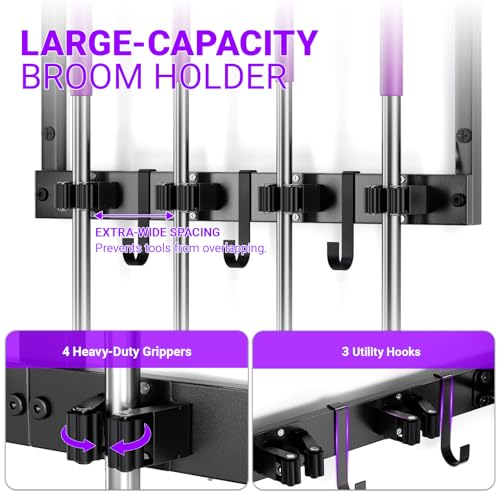 Heavy Duty Broom Holder Wall Mount, All-Metal Mop Rack with Storage Shelves | Space-Saving Cleaning Supply Organizer with Hooks Keeps Mops, Brooms and Tools Handy in Laundry Rooms, Garages and Kitchens