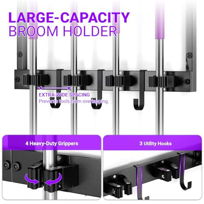 Heavy Duty Broom Holder Wall Mount, All-Metal Mop Rack with Storage Shelves | Space-Saving Cleaning Supply Organizer with Hooks Keeps Mops, Brooms and Tools Handy in Laundry Rooms, Garages and Kitchens