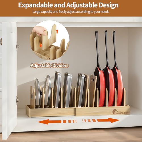 Housolution Bamboo Pot and Pan Lid Organizer Holder Storage Rack | 15"-29" Expandable, 10 Adjustable Dividers, Upgrade Solid Wooden Base, Easy Assembly