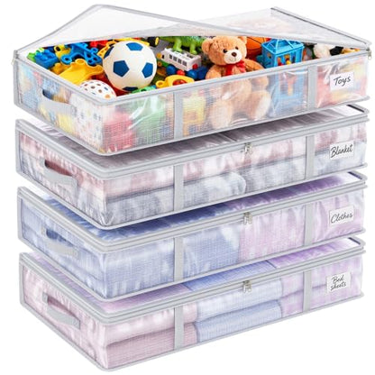 Under Bed Storage Containers 4 Pack 90L Mesh Clear for Blankets Clothes | Waterproof Clear Mesh Fabric, Sturdy Handles, Zippered Closure, for Blankets Clothing Sweaters Pillows Linens and Sheets