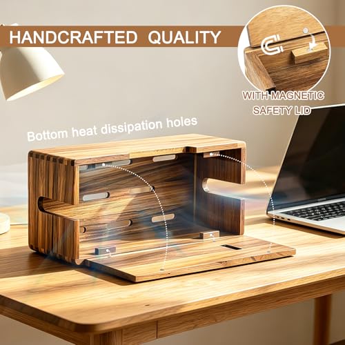 Acacia Wood Cable Management Box, Wooden Cord Hider Organizer for Power Strip, Electrical Hiding, TV Wires, Desk & Floor Cables, Under Desk Cable Organizer for Home Office