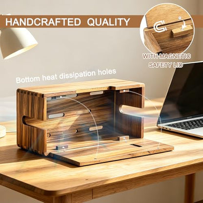 Acacia Wood Cable Management Box, Wooden Cord Hider Organizer for Power Strip, Electrical Hiding, TV Wires, Desk & Floor Cables, Under Desk Cable Organizer for Home Office